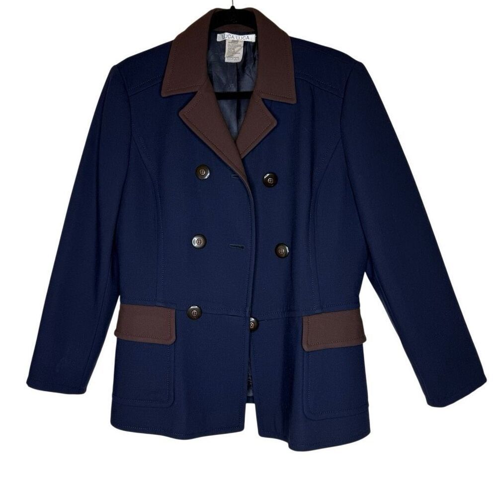 Vintage Luca Luca Blazer Navy & Brown Wool Double Breasted Size 8 Classic Preppy